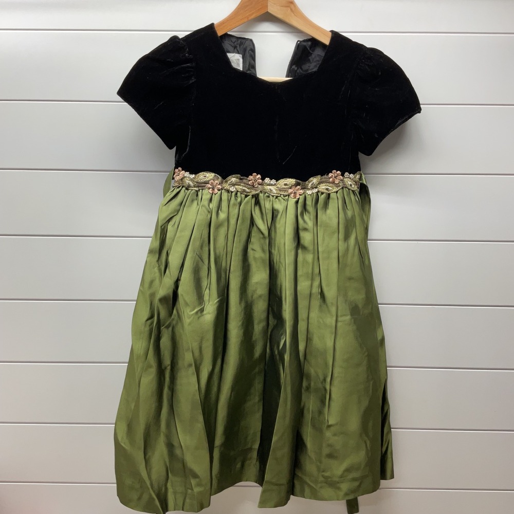 Plum Pudding Ltd Girls Black Velvet Olive Green Taffeta Floral Party Dress 6